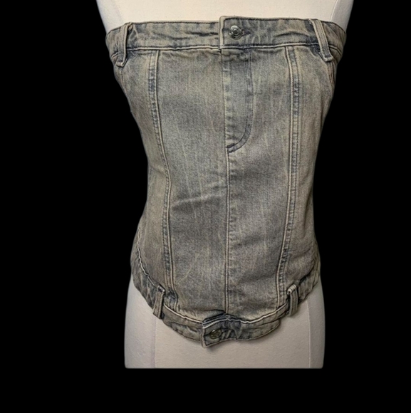 NWT Zara Blue Denim Tan Strapless Denim Corset M - Picture 6 of 9